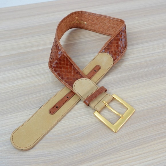 Valentino Garavani Belt Women 65 26 XS Brown Gold Buckle Leather Weave‎ VINTAGE